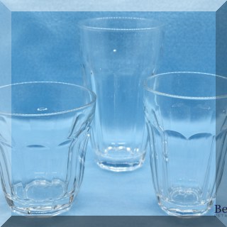 K56. Glasses in 3 different sizes. 5.5”h, 4”h, 3.5”h. - $